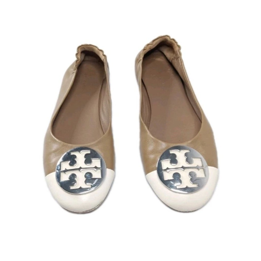 Tory Burch Claire Cap Toe Ballet Flat Shoes  Women's Size 6.5 M Cream & Brown - Picture 2 of 7